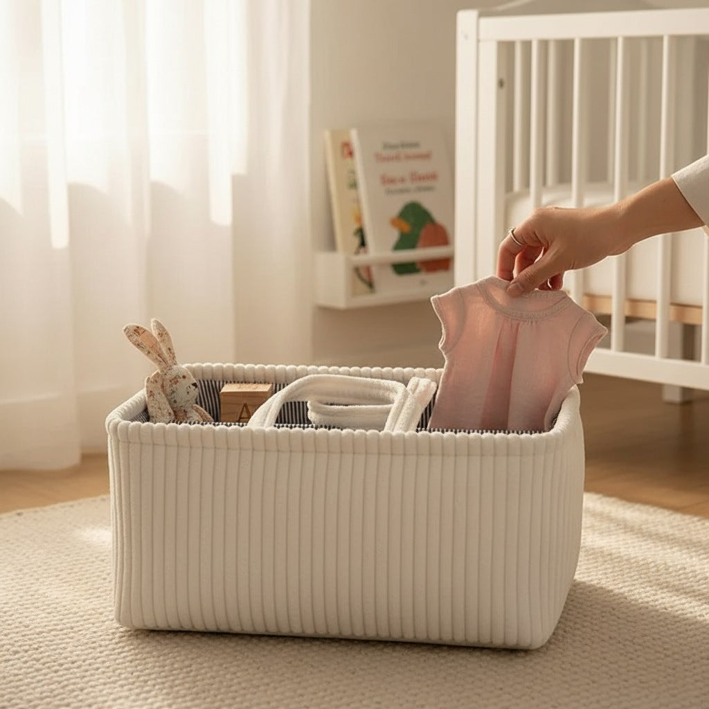Grand panier esprit bohème blanc dans une chambre de bébé - Chandore