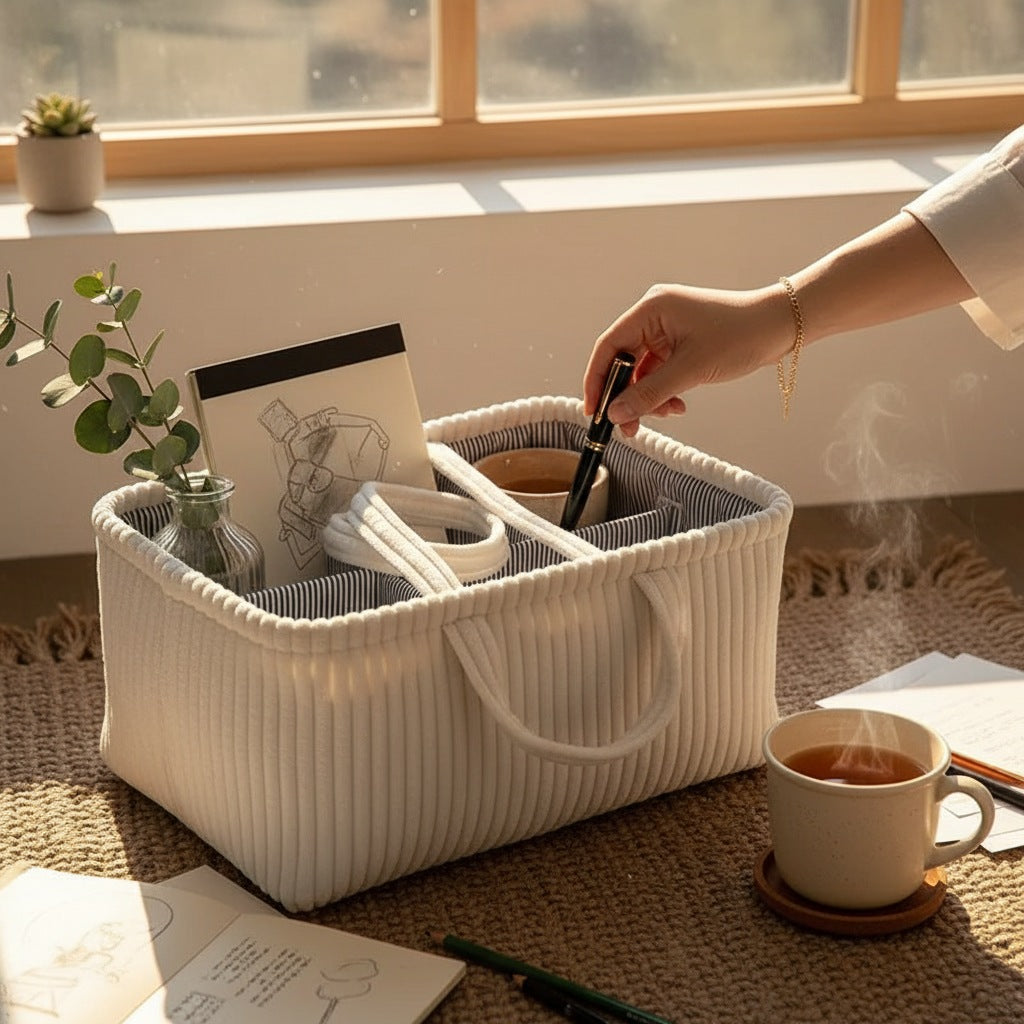 Grand panier de rangement esprit bohème crème dans un salon cosy - Chandore