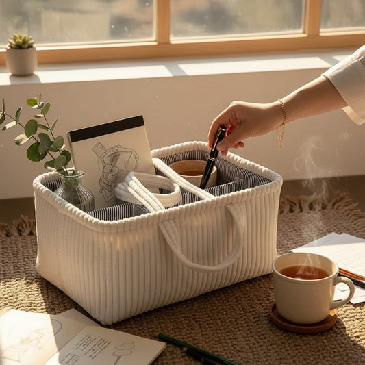 Grand panier de rangement esprit bohème crème dans un salon cosy - Chandore