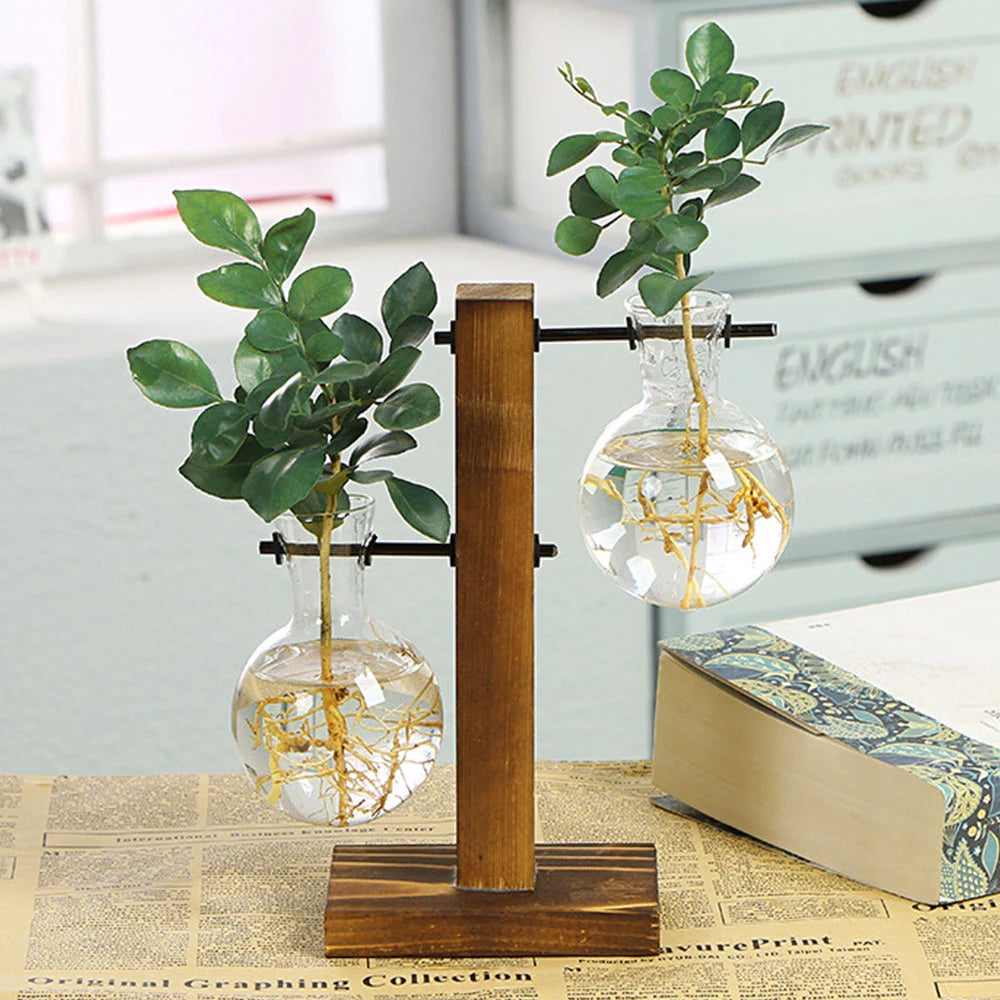 Vase ampoule en verre et bois, style champêtre vue 2 - Chandore