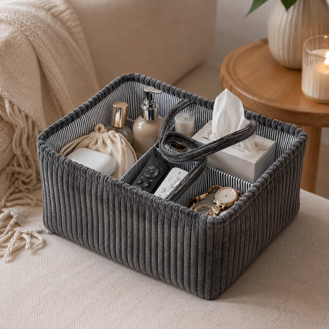 Grand panier esprit bohème gris rempli d'objets du quotidien dans un salon - Chandore