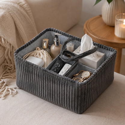 Grand panier esprit bohème gris rempli d'objets du quotidien dans un salon - Chandore