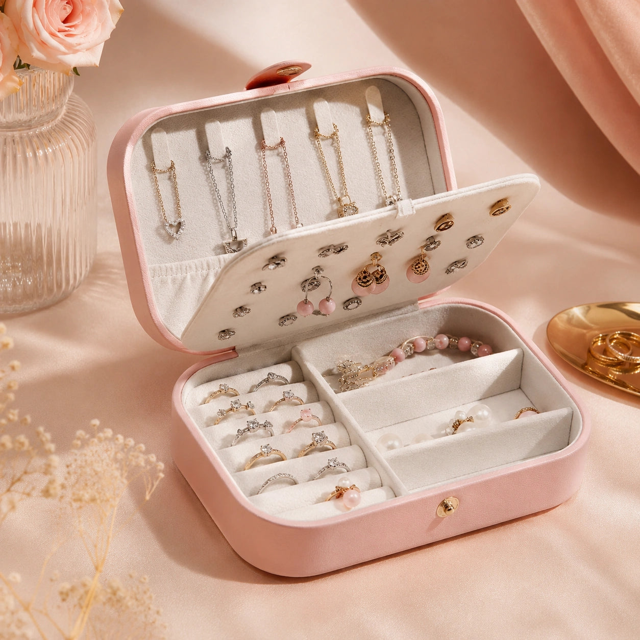 Boîte à bijoux en cuir rose ouverte avec bagues et colliers - Chandore