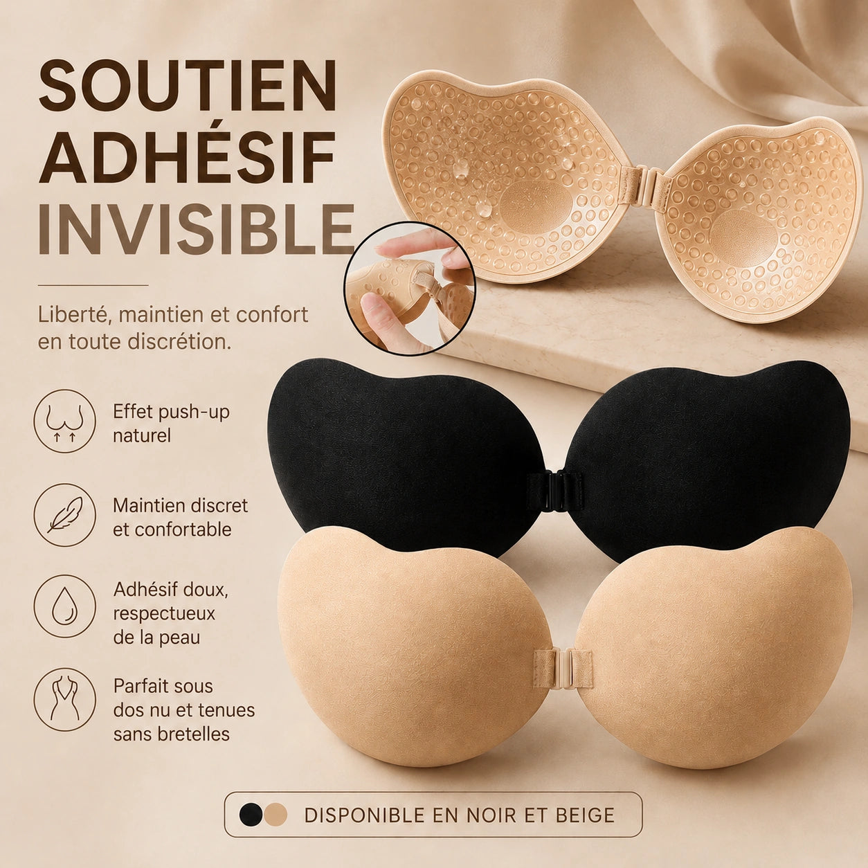Soutien-gorge adhésif push-up invisibles, sans bretelles