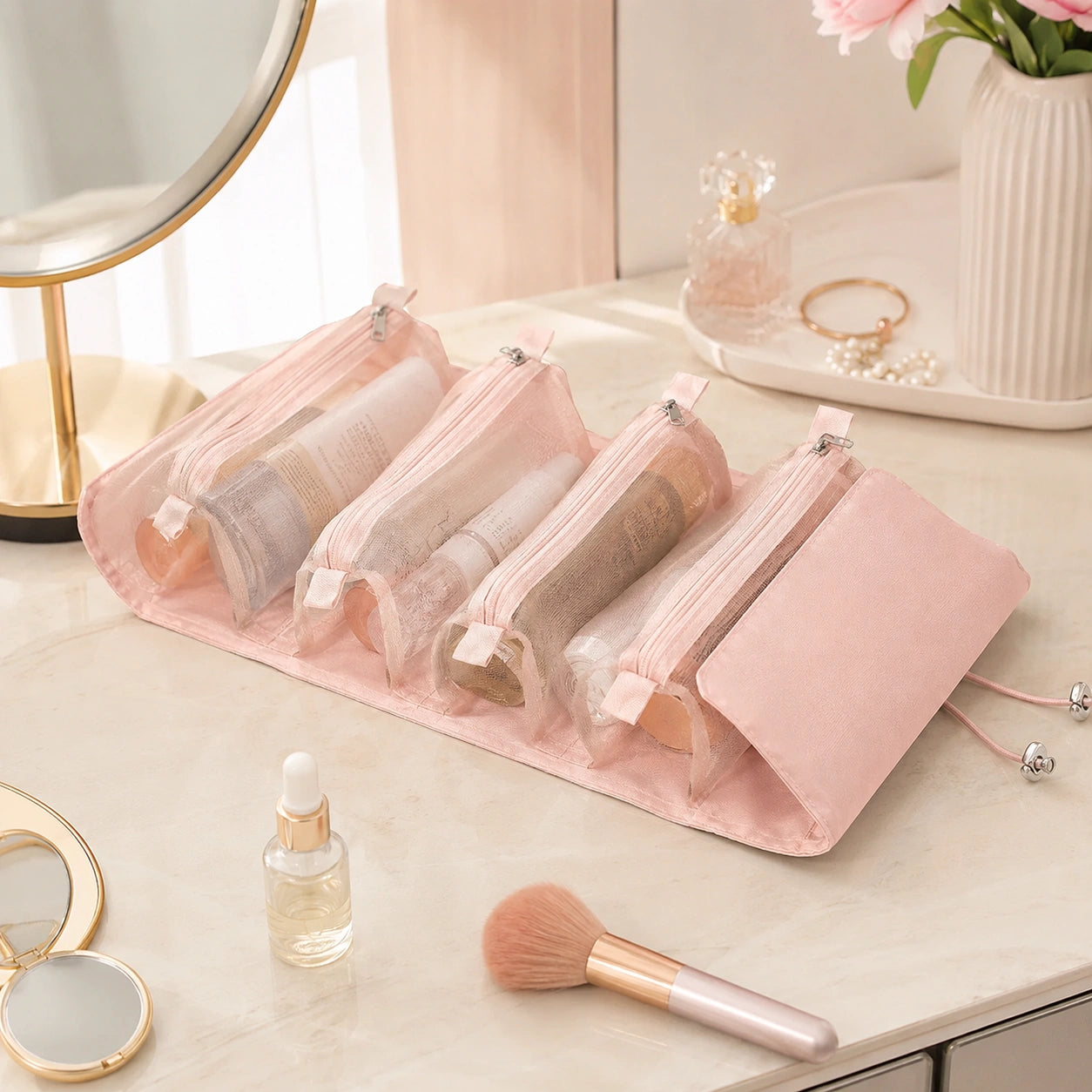 Trousse de voyage 4 en 1 dépliée - 4 compartiments organisés