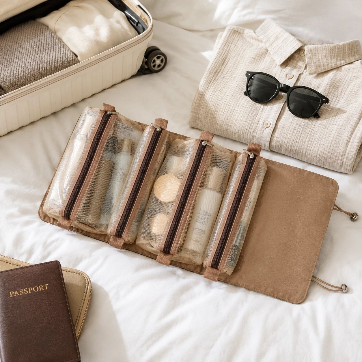 Trousse de voyage compacte - détail fermeture et matière